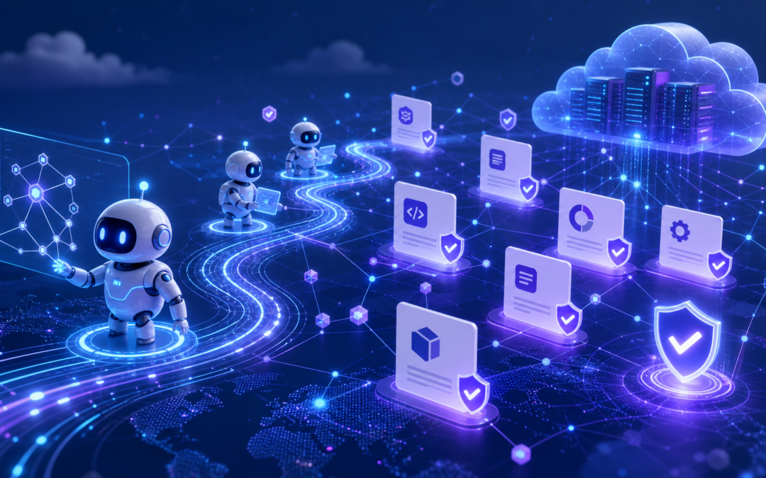 Abstract illustration of AI agents discovering verified tools across a secure network