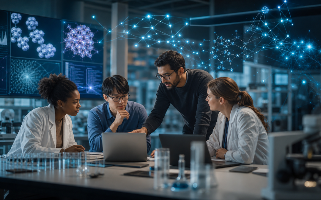 Academic researchers collaborating with AI tools on scientific data and computer models