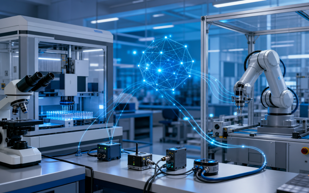 AI agent coordinating a robotic arm, microscope and laboratory instruments through a shared hardware standard