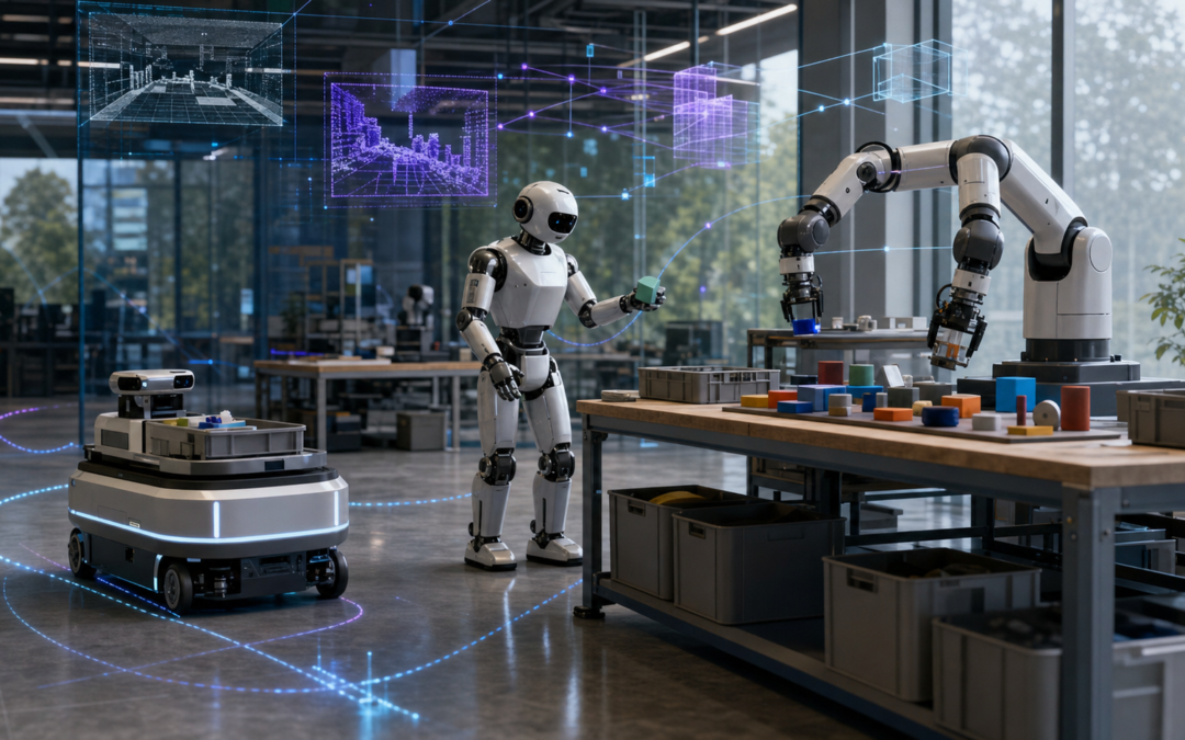 Three generic robots collaborating in a modern laboratory with visual AI perception and task-planning data paths